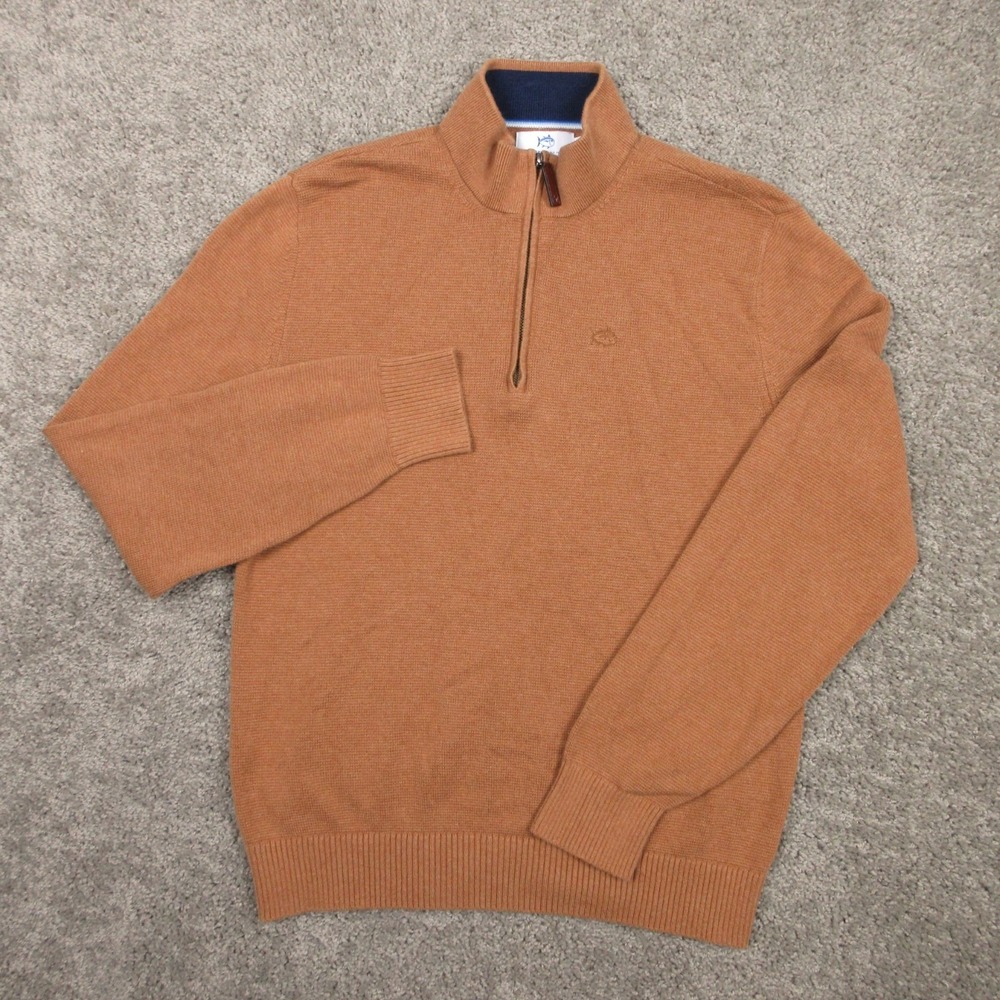 Southern Tide Sweater Mens Medium Brown Knit Fish Logo Quarter Zip Pullover EUC